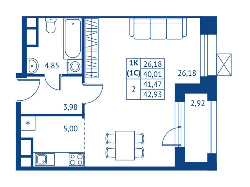 Планировка: Студия 40.01 м² в новостройке Поколение Первых