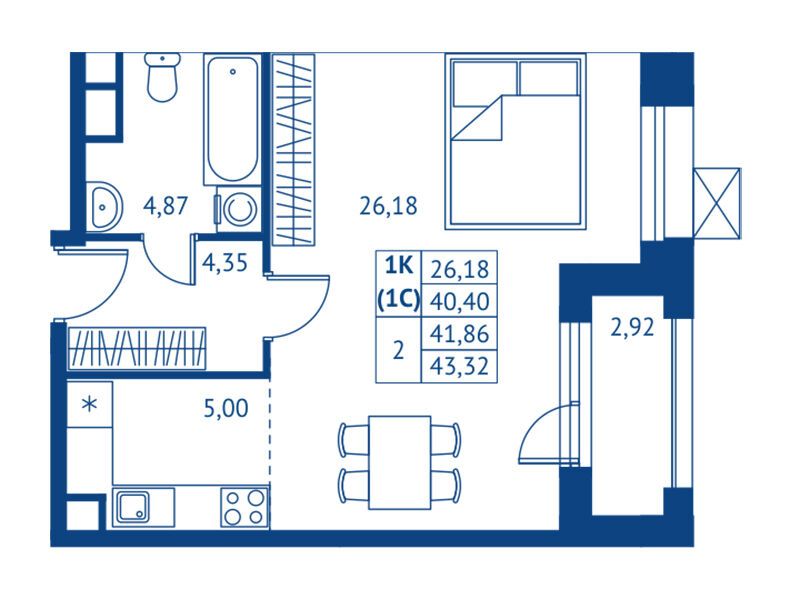 Планировка: Студия 40.40 м² в новостройке Поколение Первых