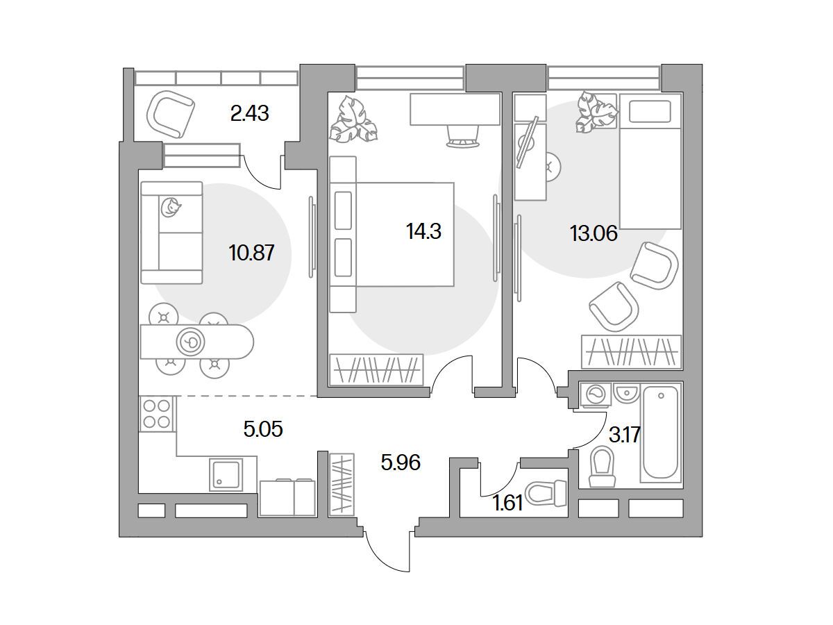 Планировка: 3-комн. квартира 56.45 м² в новостройке Ильинойс