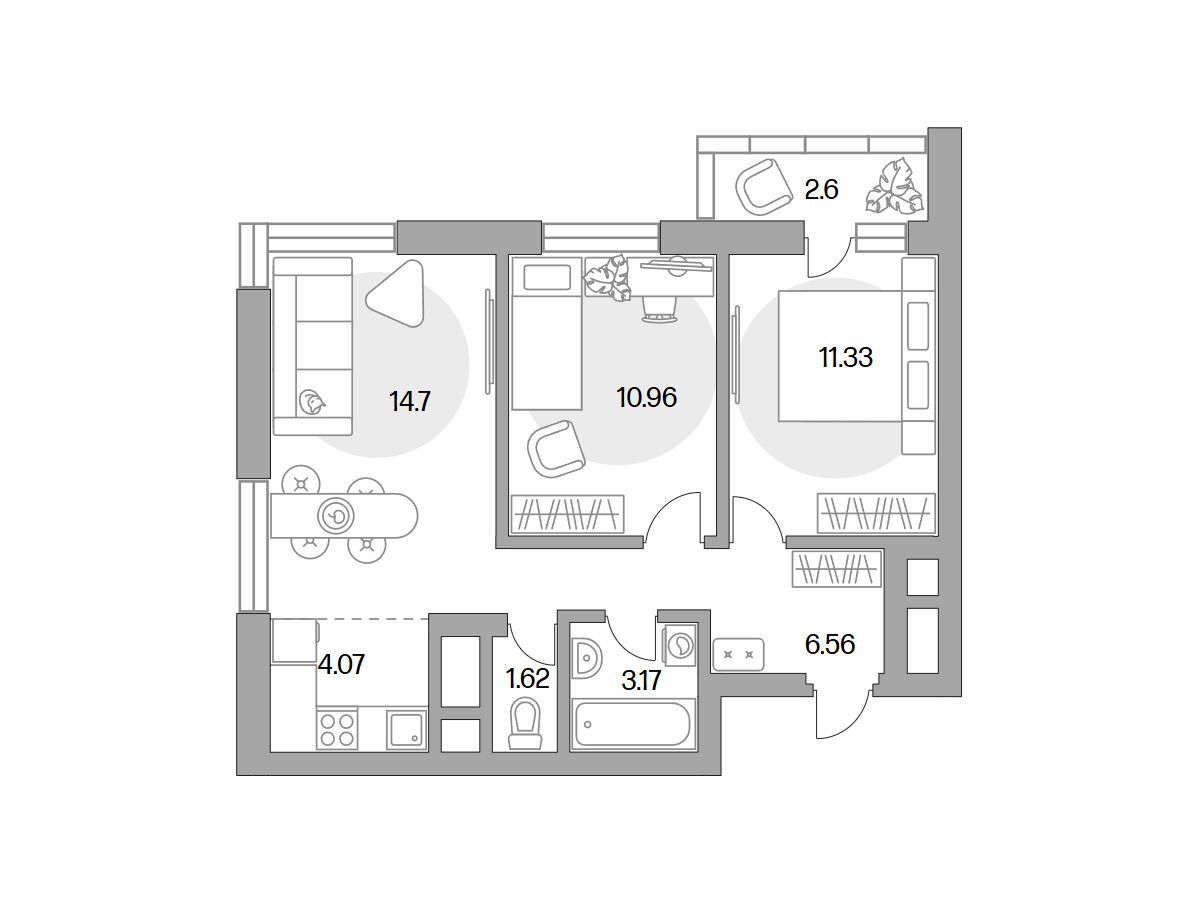 Планировка: 3-комн. квартира 55.01 м² в новостройке Ильинойс
