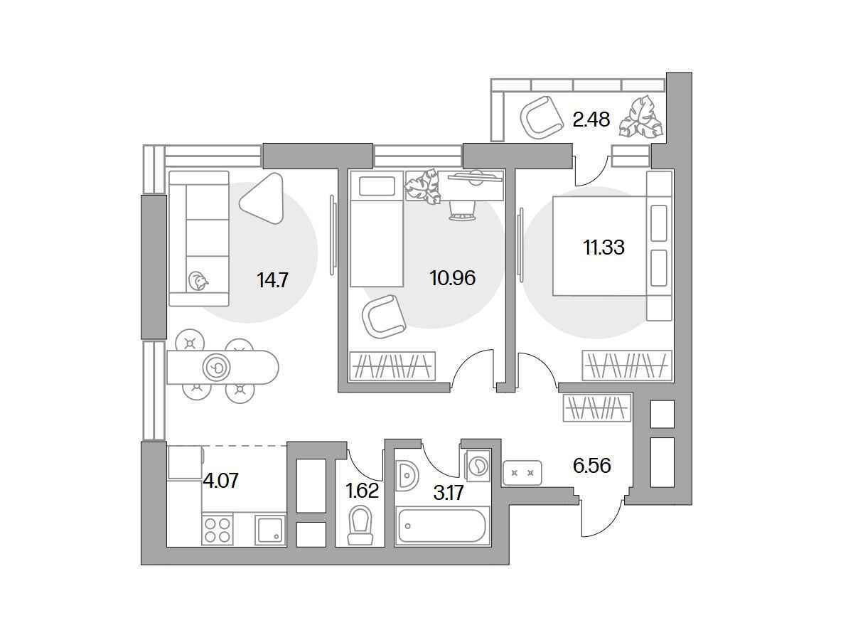 Планировка: 3-комн. квартира 54.89 м² в новостройке Ильинойс