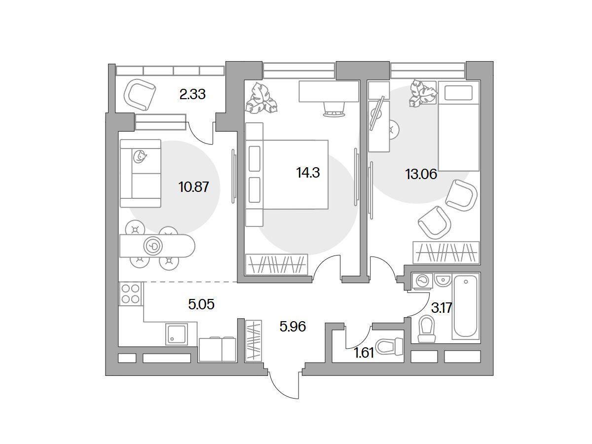 Планировка: 3-комн. квартира 56.35 м² в новостройке Ильинойс