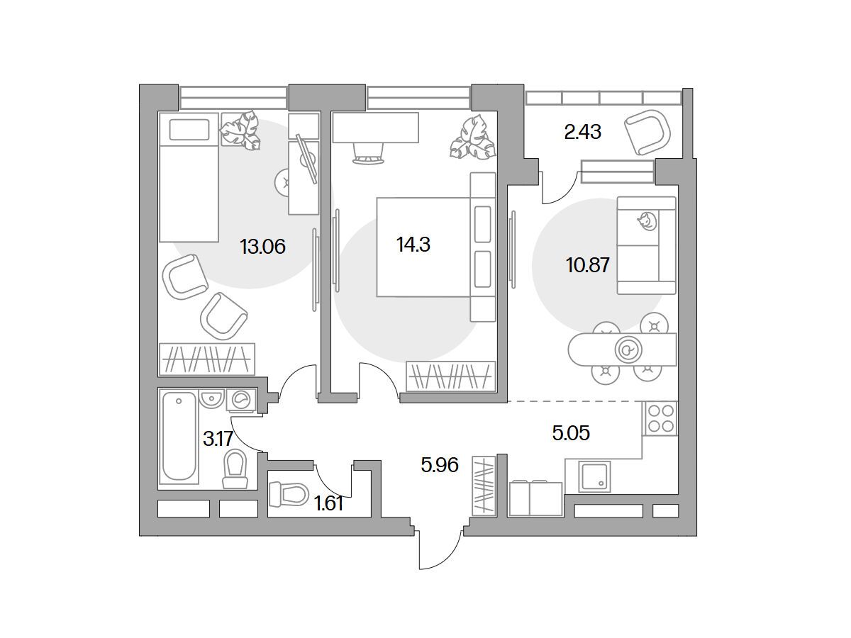 Планировка: 3-комн. квартира 56.45 м² в новостройке Ильинойс