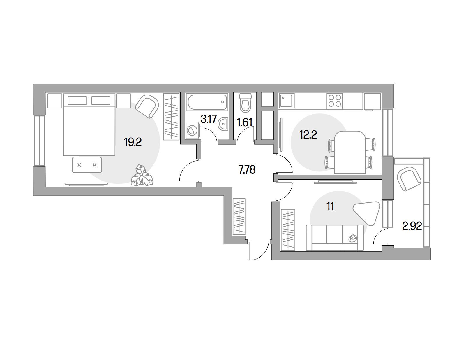 Планировка: 2-комн. квартира 57.88 м² в новостройке Ильинойс