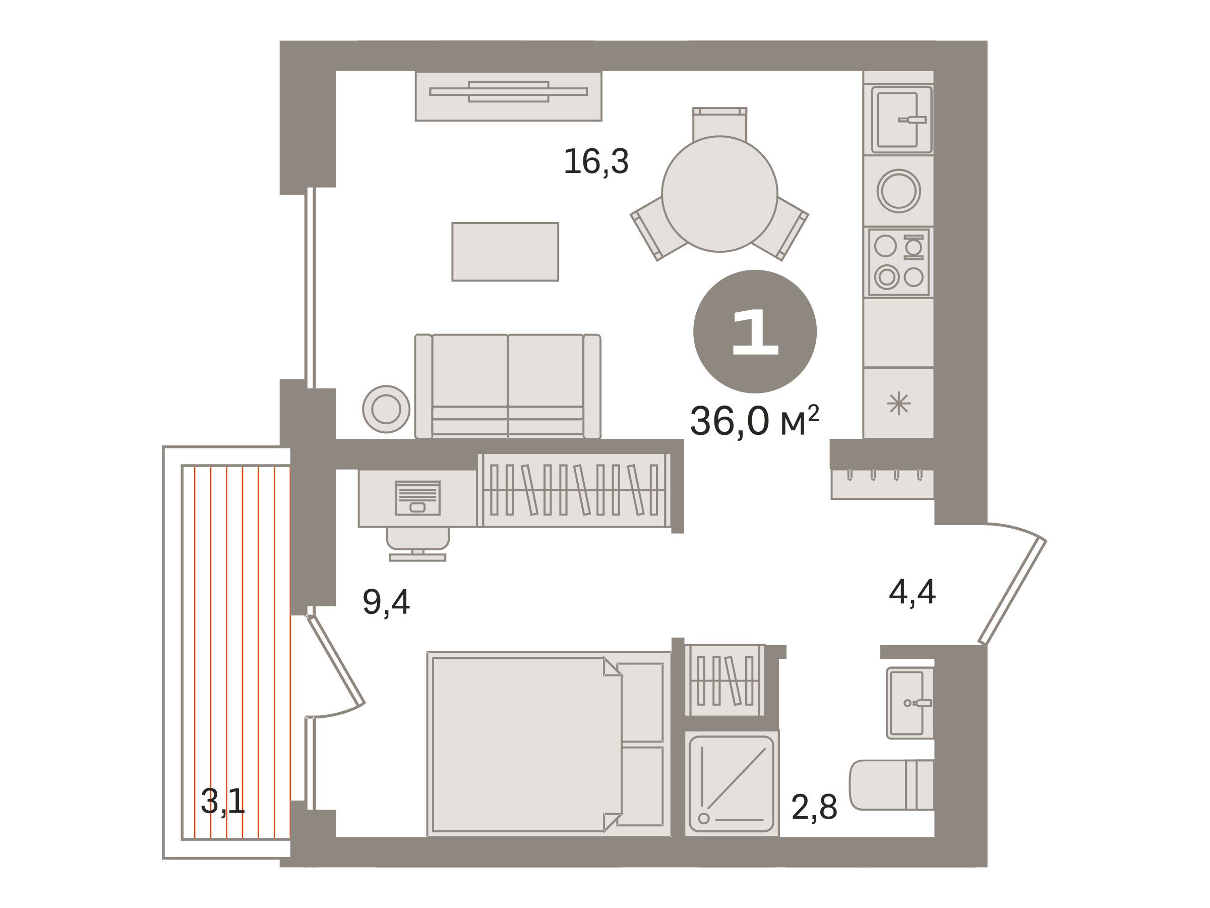 Планировка: 1-комн. квартира 36.00 м² в новостройке Первый квартал