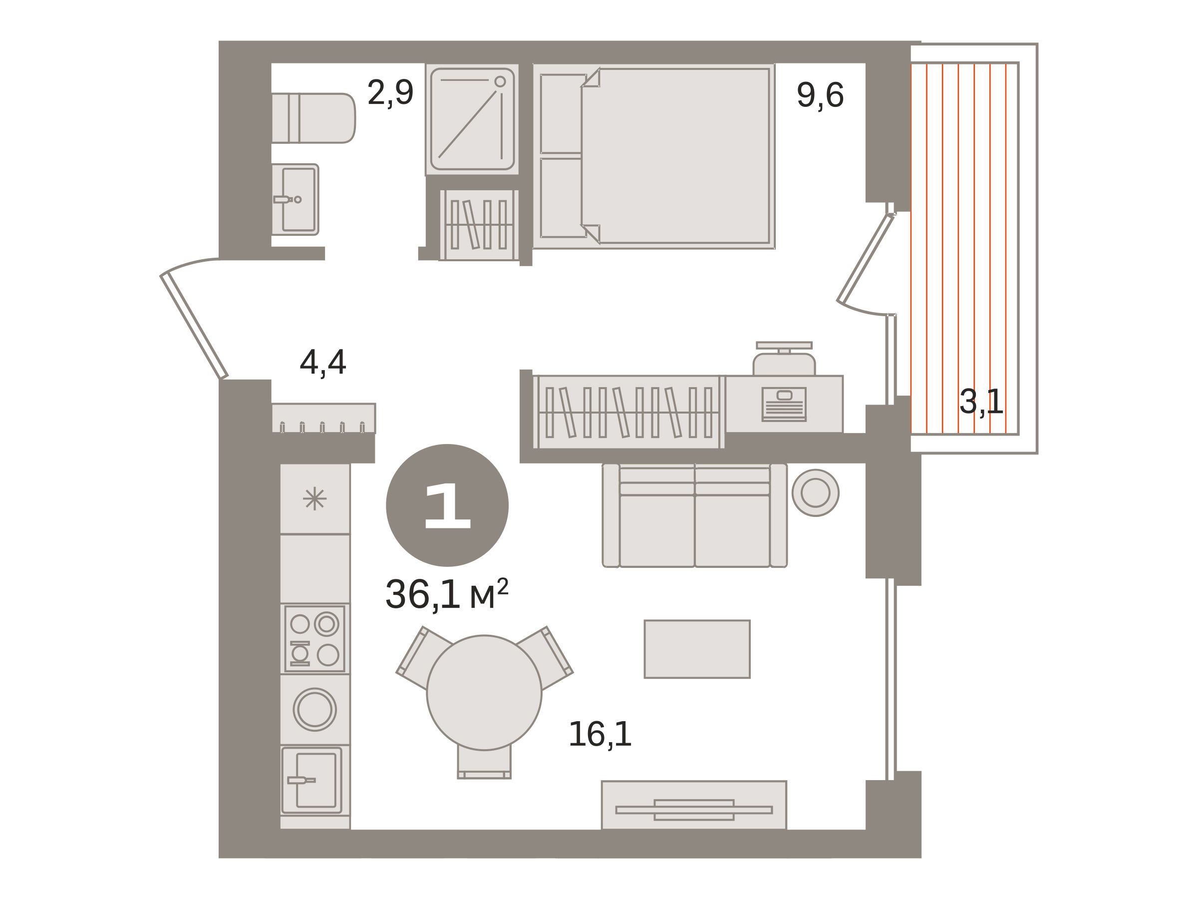 Планировка: 1-комн. квартира 36.00 м² в новостройке Первый квартал