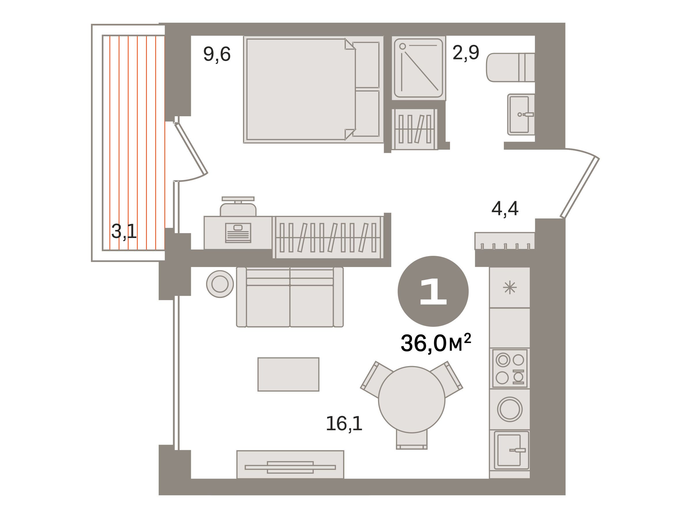 Планировка: 1-комн. квартира 36.00 м² в новостройке Первый квартал
