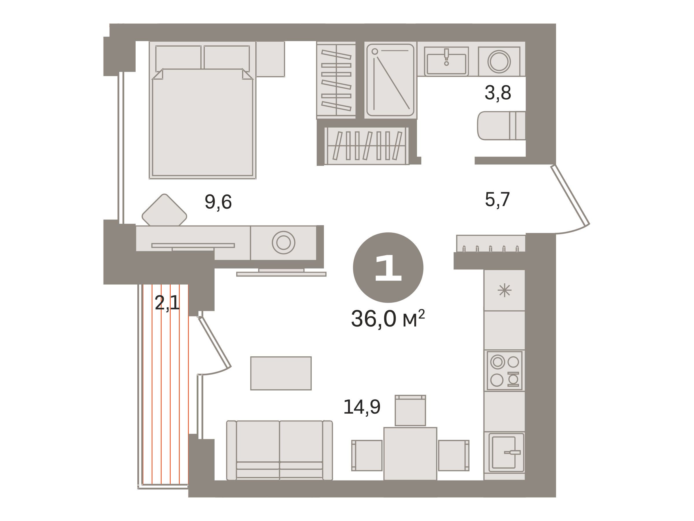 Планировка: 1-комн. квартира 36.00 м² в новостройке Первый квартал