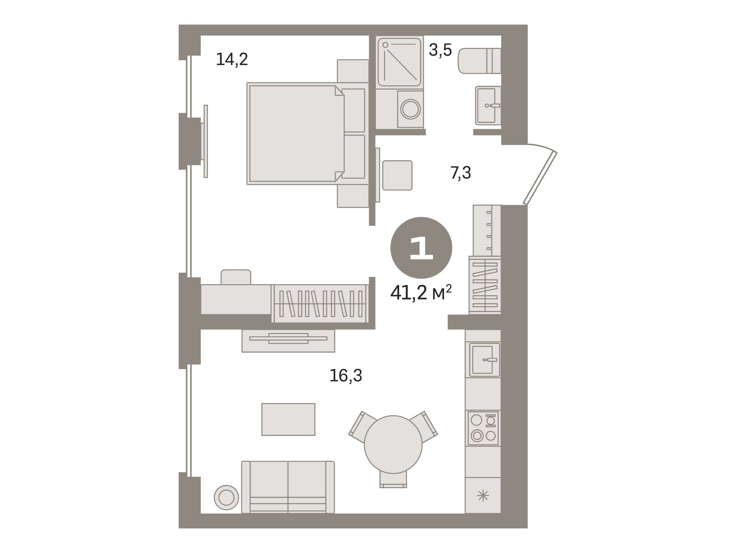 Планировка: 1-комн. квартира 41.20 м² в новостройке Первый квартал