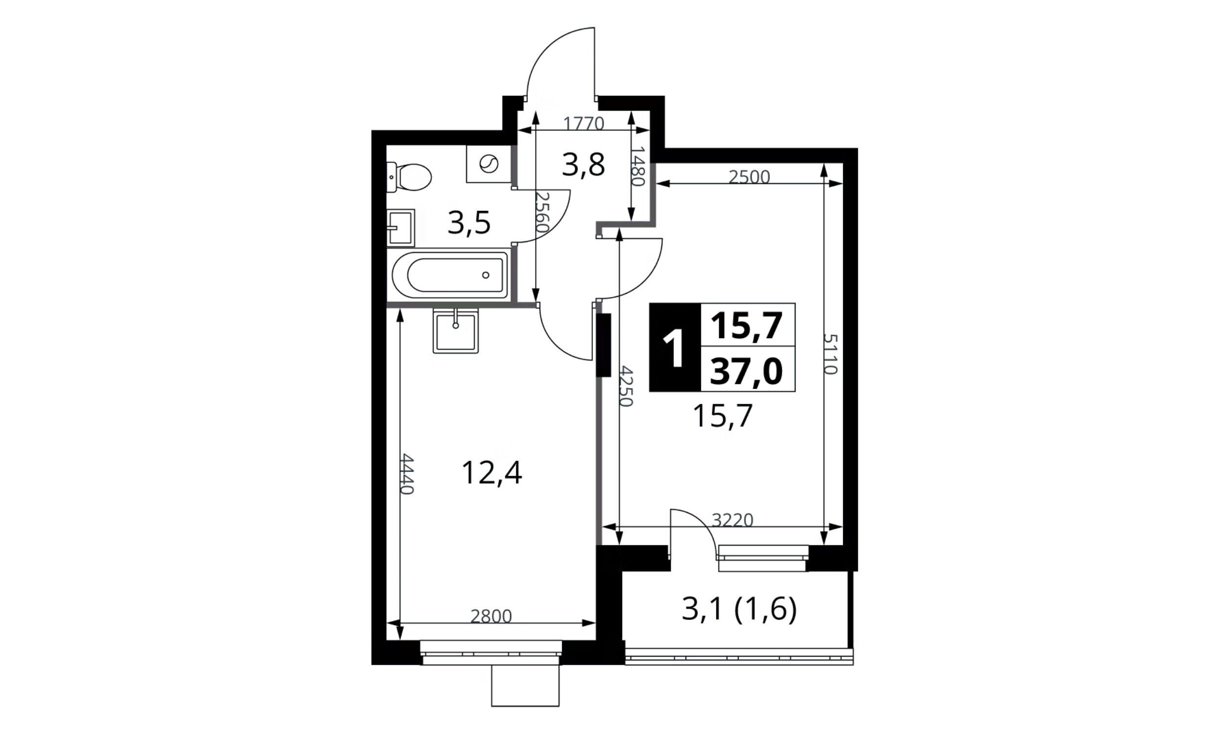 Планировка: 1-комн. квартира 37.00 м² в новостройке 1-й Донской