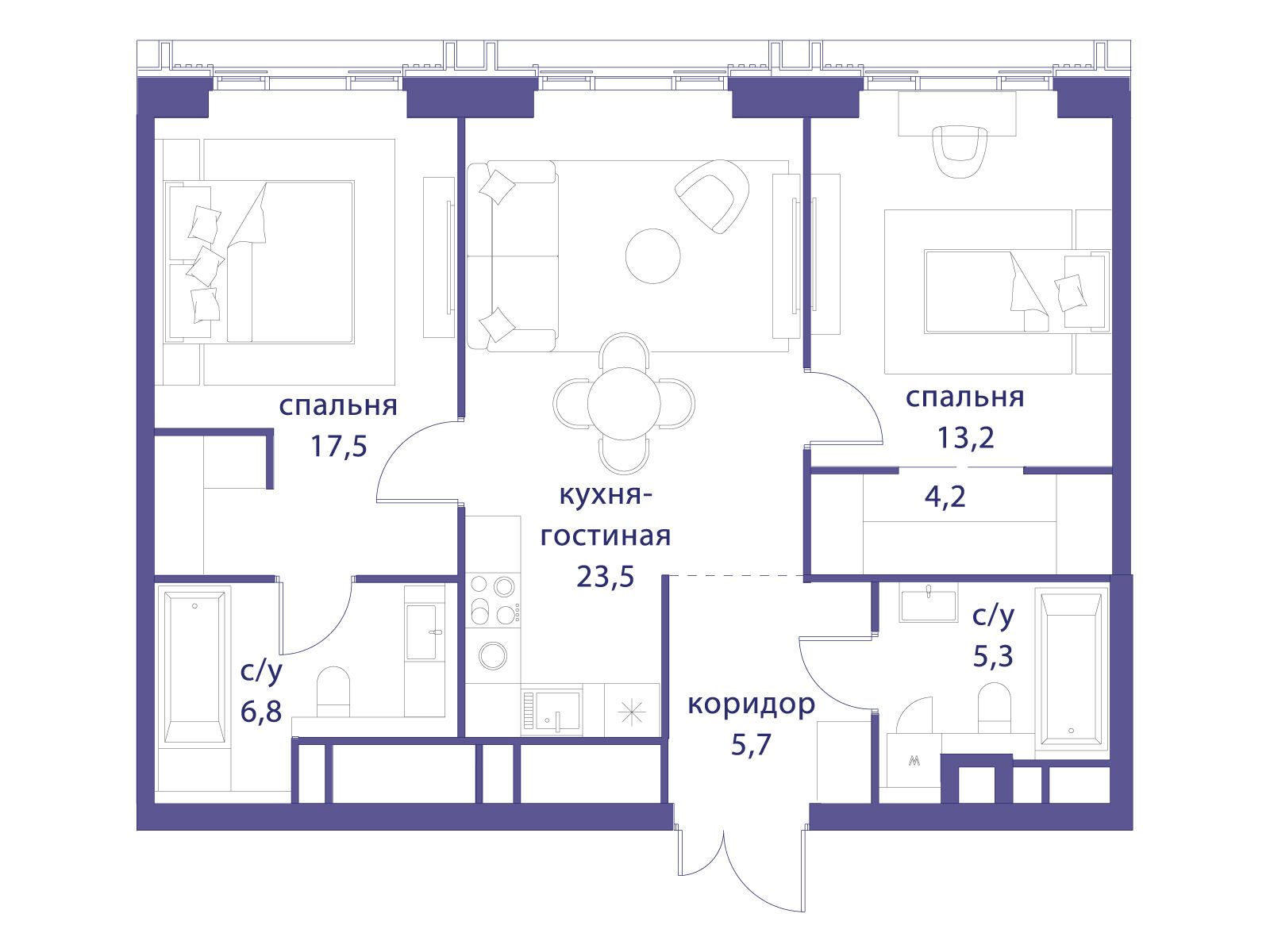 Планировка: 2-комн. квартира 76.30 м² в новостройке Татарская 35