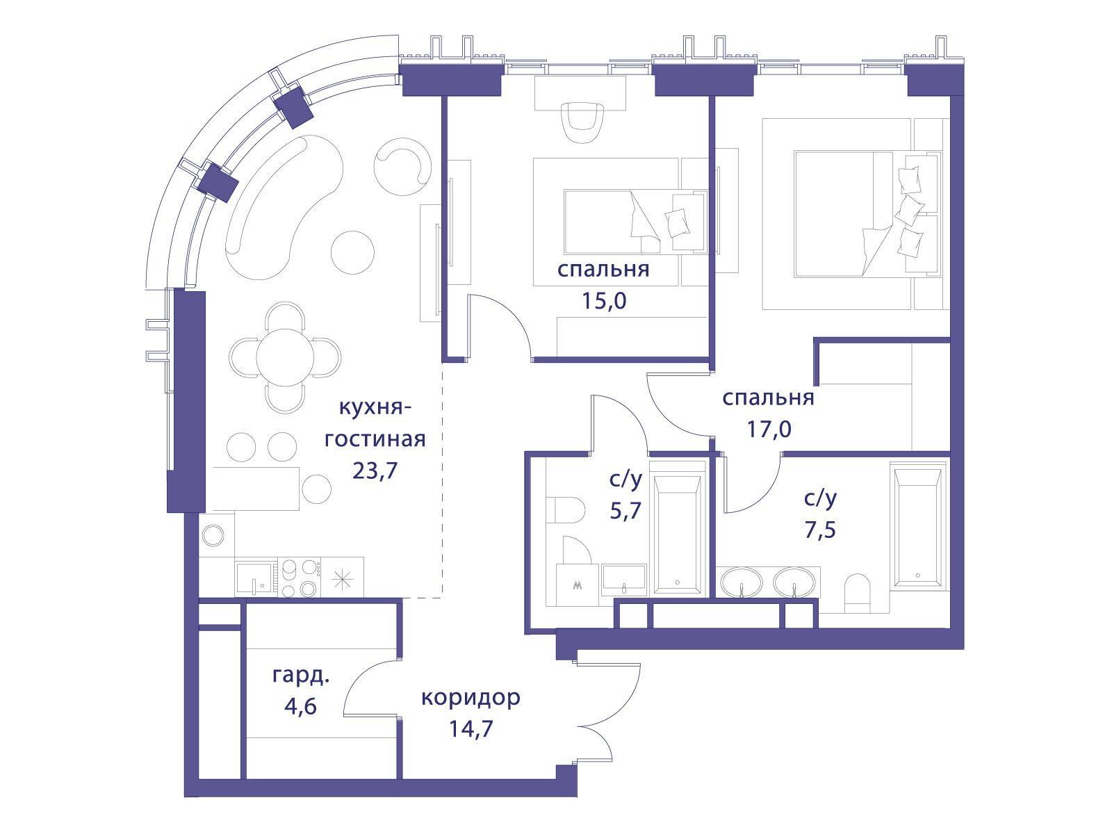 Планировка: 2-комн. квартира 87.80 м² в новостройке Татарская 35