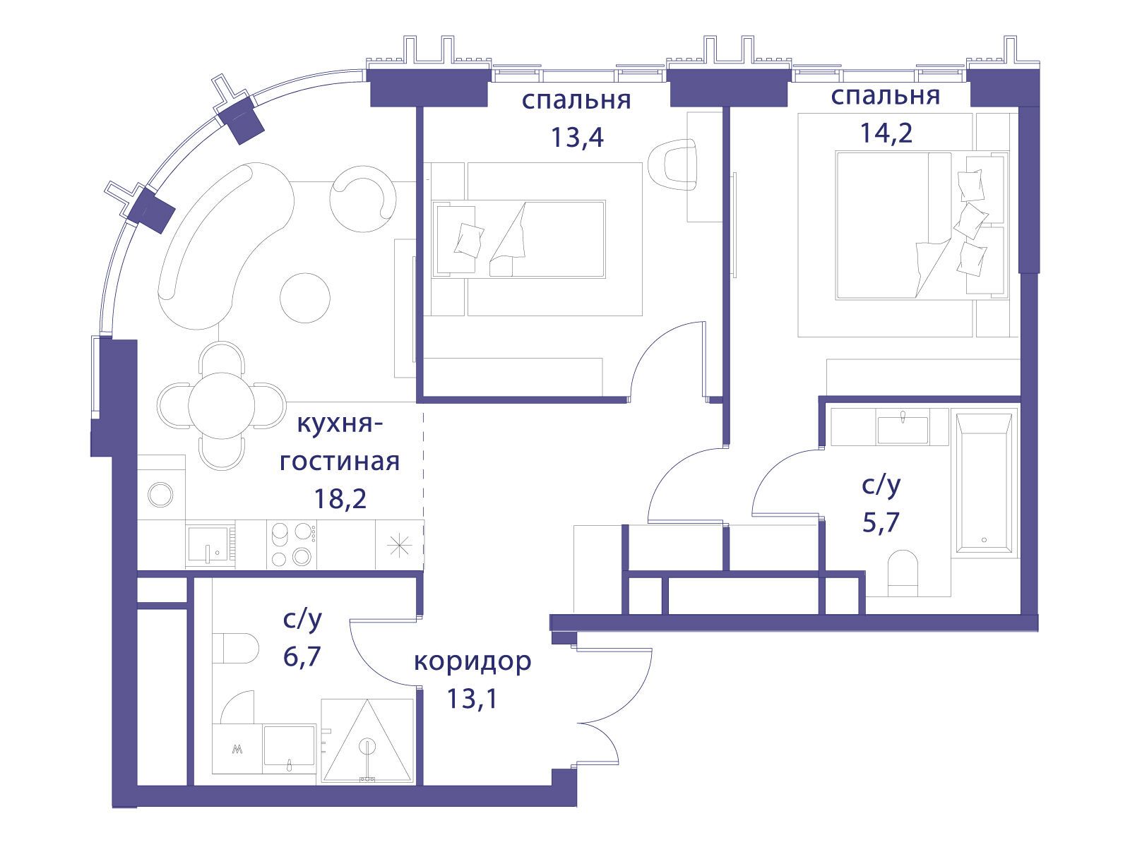 Планировка: 2-комн. квартира 71.30 м² в новостройке Татарская 35