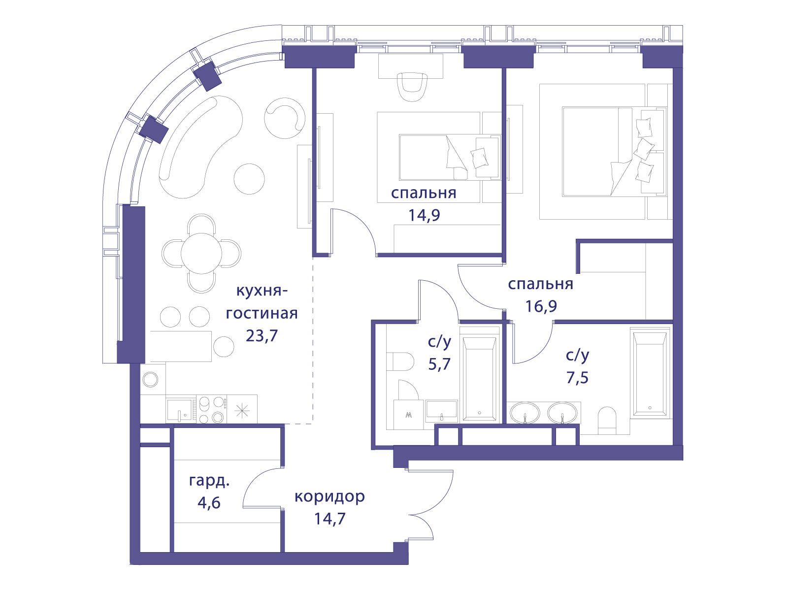 Планировка: 2-комн. квартира 88.00 м² в новостройке Татарская 35