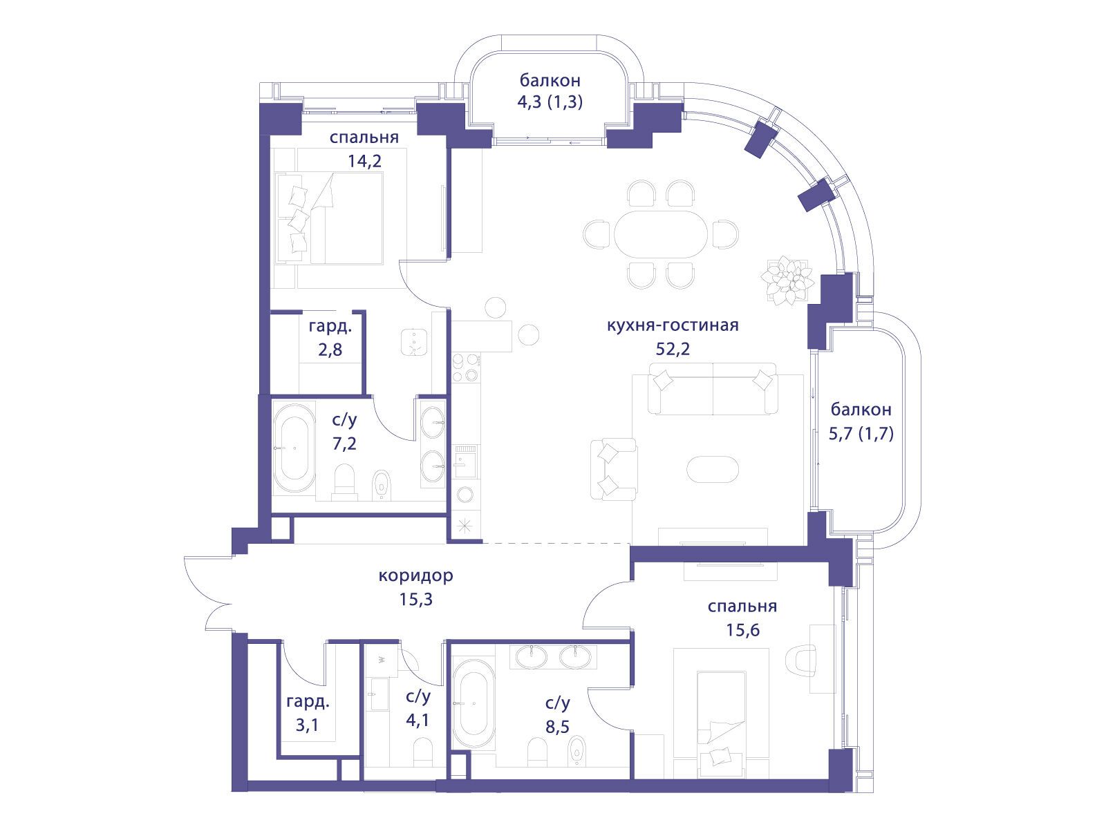 Планировка: 2-комн. квартира 126.10 м² в новостройке Татарская 35
