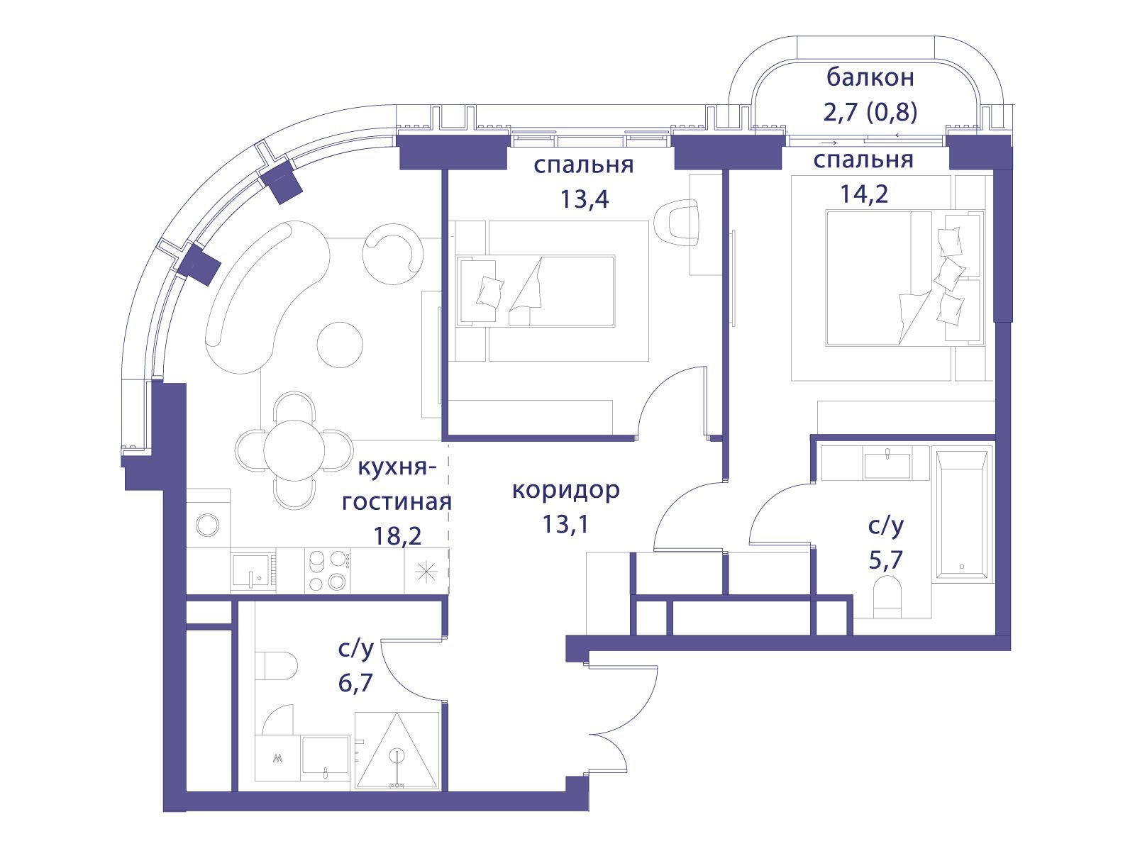 Планировка: 2-комн. квартира 72.10 м² в новостройке Татарская 35