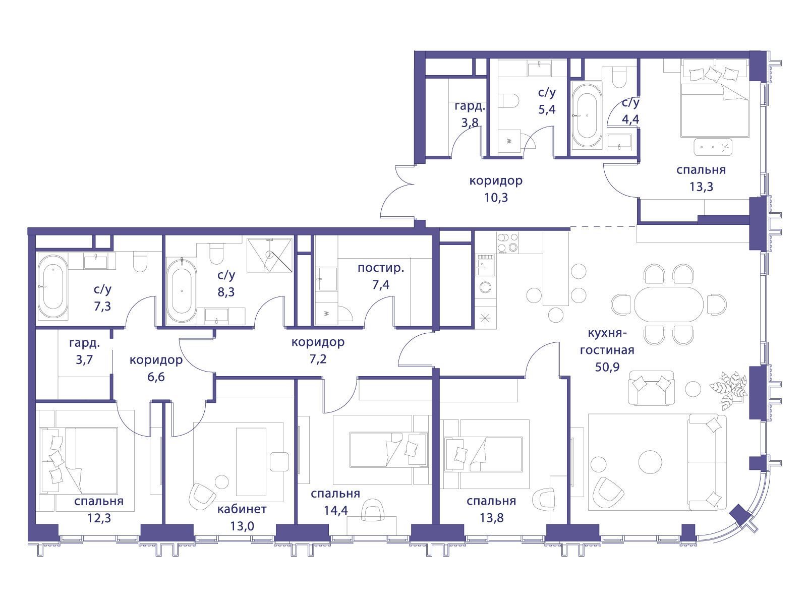 Планировка: 5-комн. квартира 182.10 м² в новостройке Татарская 35