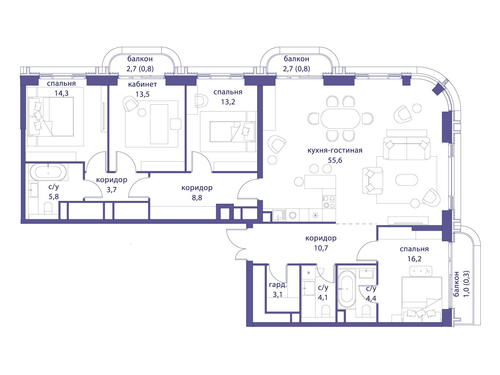 Планировка: 4-комн. квартира 153.40 м² в новостройке Татарская 35