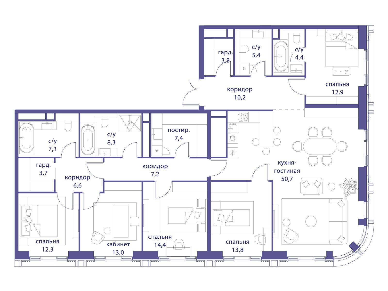 Планировка: 5-комн. квартира 181.40 м² в новостройке Татарская 35