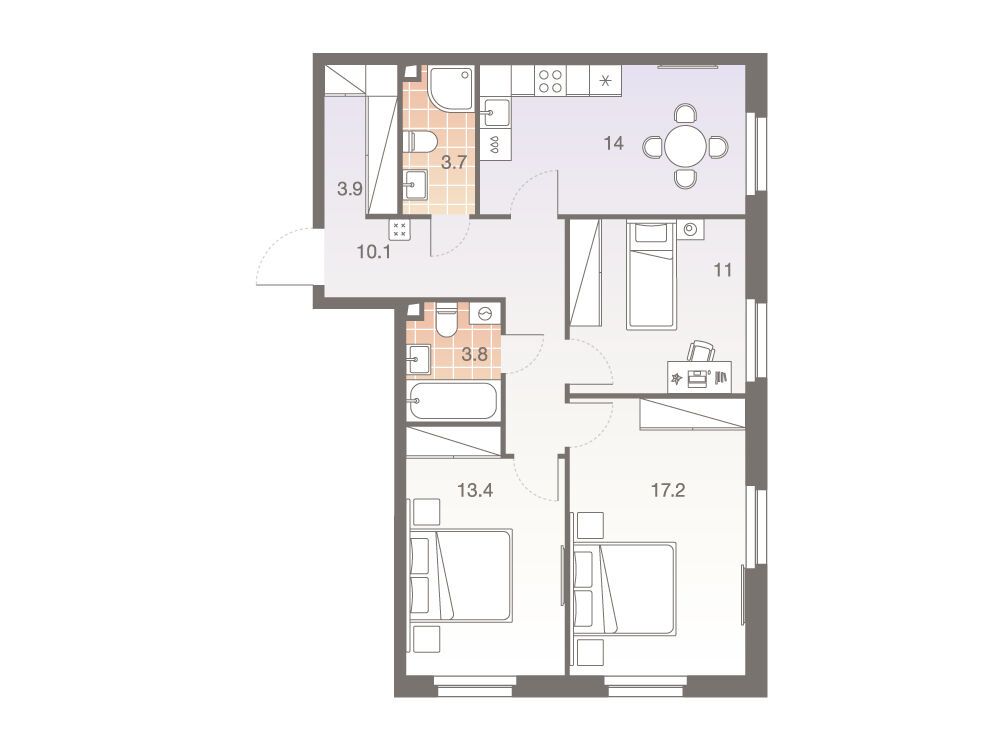 Планировка: 3-комн. квартира 77.20 м² в новостройке Твелв