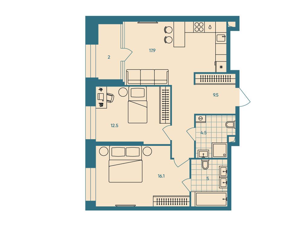 Планировка: 3-комн. квартира 67.50 м² в новостройке Эра
