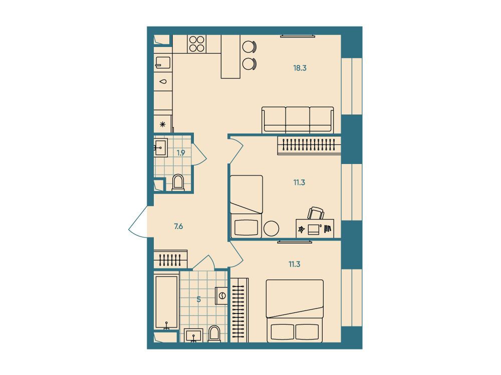 Планировка: 3-комн. квартира 55.40 м² в новостройке ЖК ЭРА