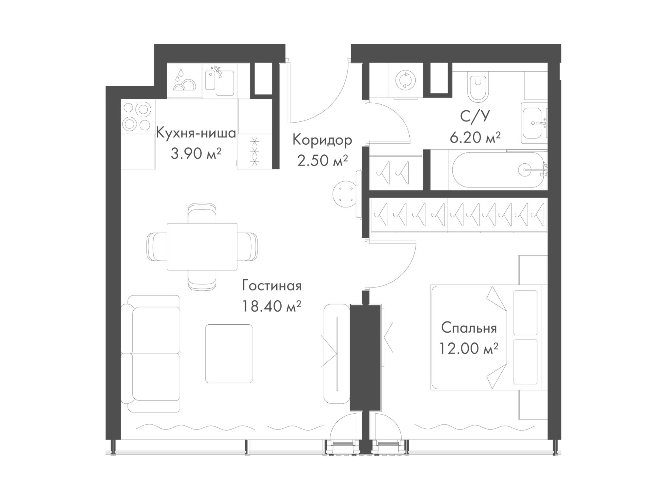 Планировка: 1-комн. квартира 43.00 м² в новостройке ЖК Слава