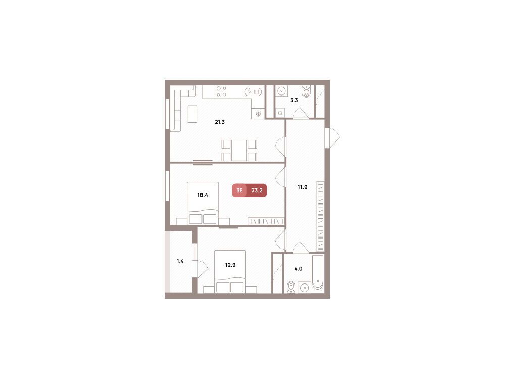 Планировка: 3-комн. квартира 73.20 м² в новостройке Проспект 39