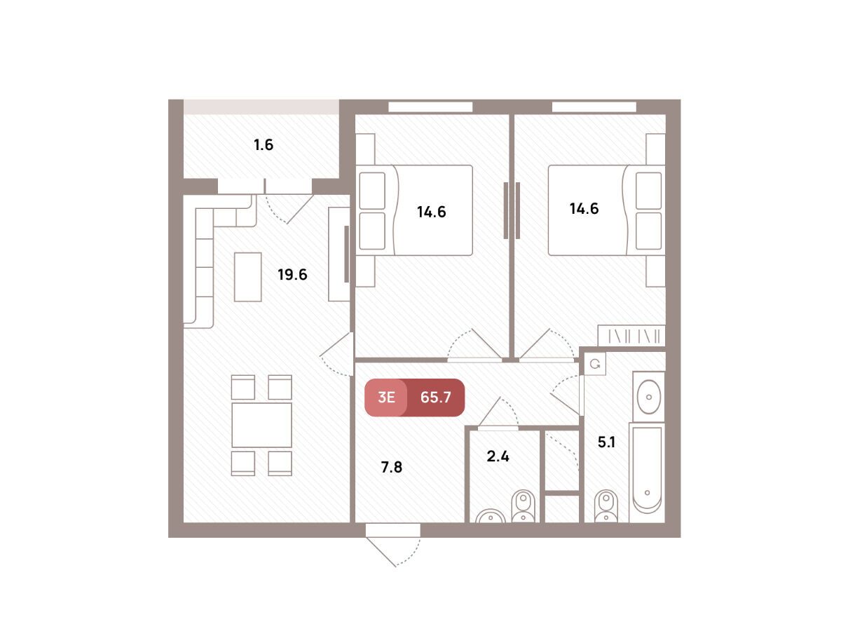 Планировка: 3-комн. квартира 65.70 м² в новостройке Проспект 39