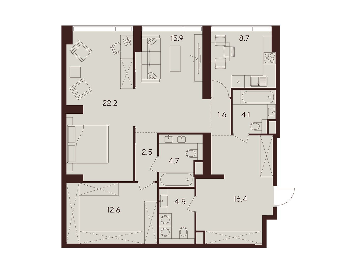 Планировка: 2-комн. квартира 93.20 м² в новостройке Инди Тауэрз