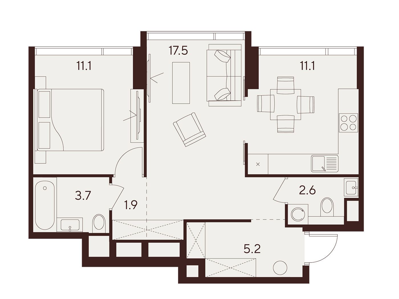 Планировка: 2-комн. квартира 53.10 м² в новостройке Инди Тауэрз
