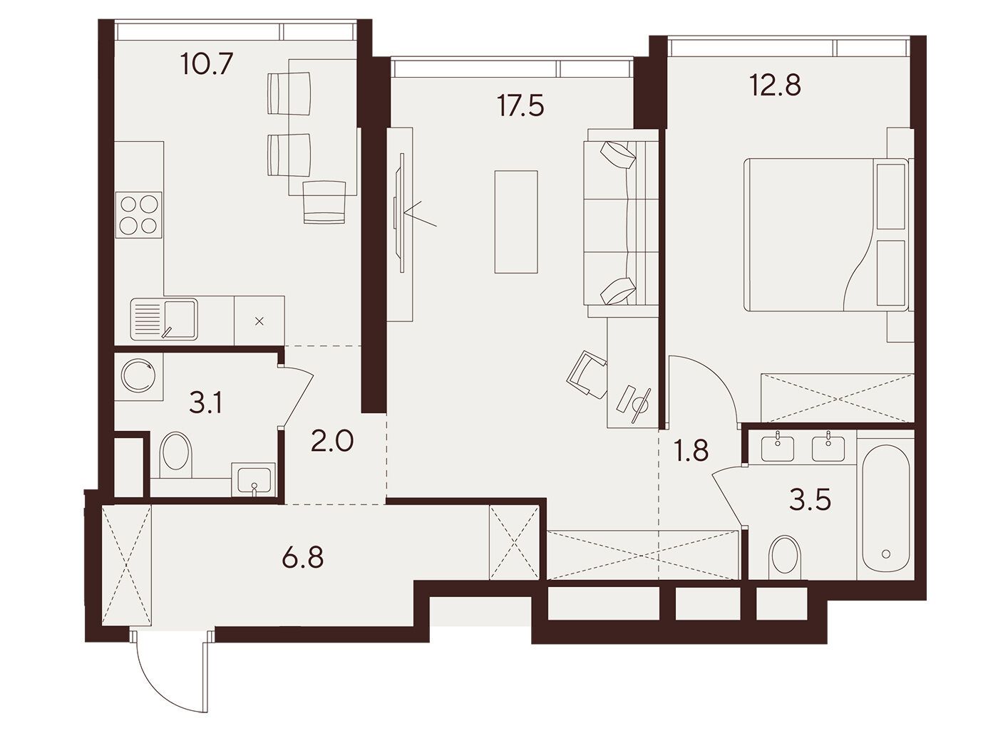 Планировка: 2-комн. квартира 58.20 м² в новостройке Инди Тауэрз