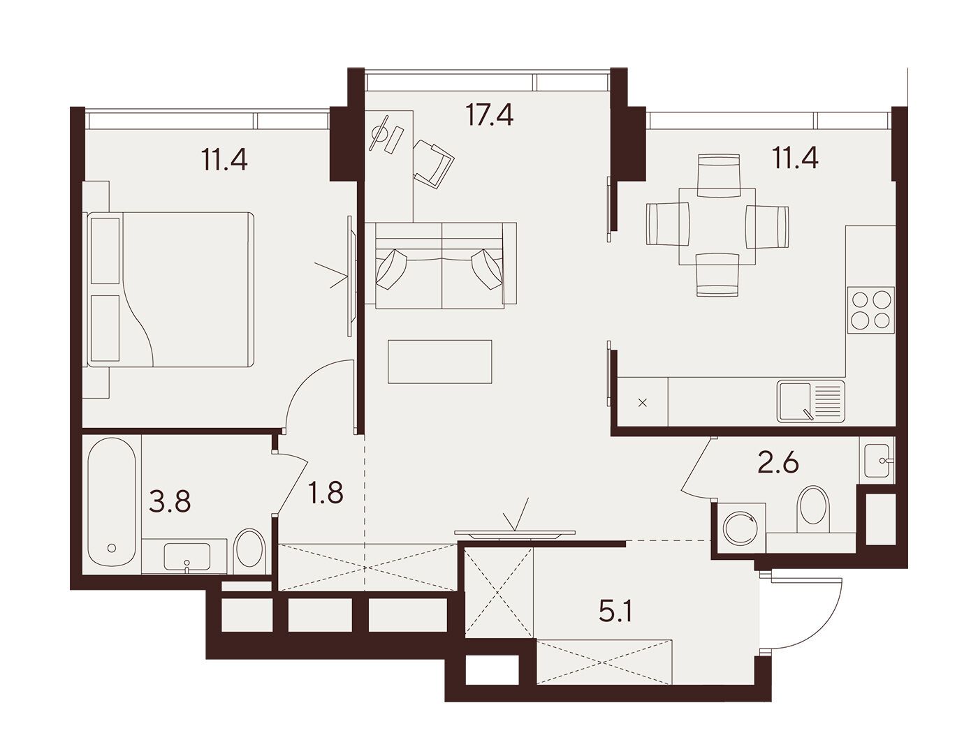 Планировка: 2-комн. квартира 53.50 м² в новостройке Инди Тауэрз