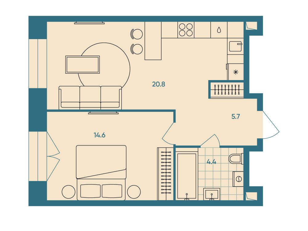 Планировка: 2-комн. квартира 45.50 м² в новостройке ЖК ЭРА