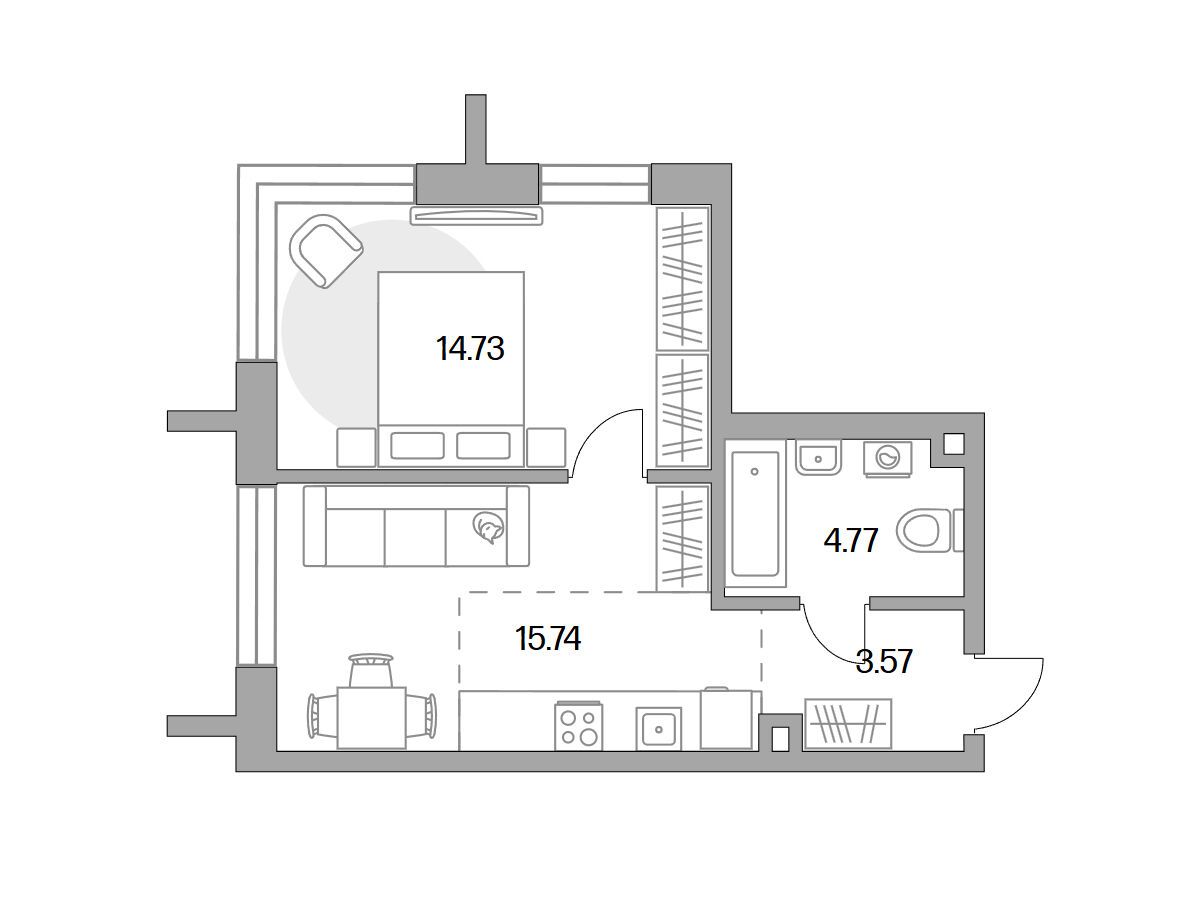 Планировка: 1-комн. квартира 38.81 м² в новостройке ЖК Дубровка от Гранель