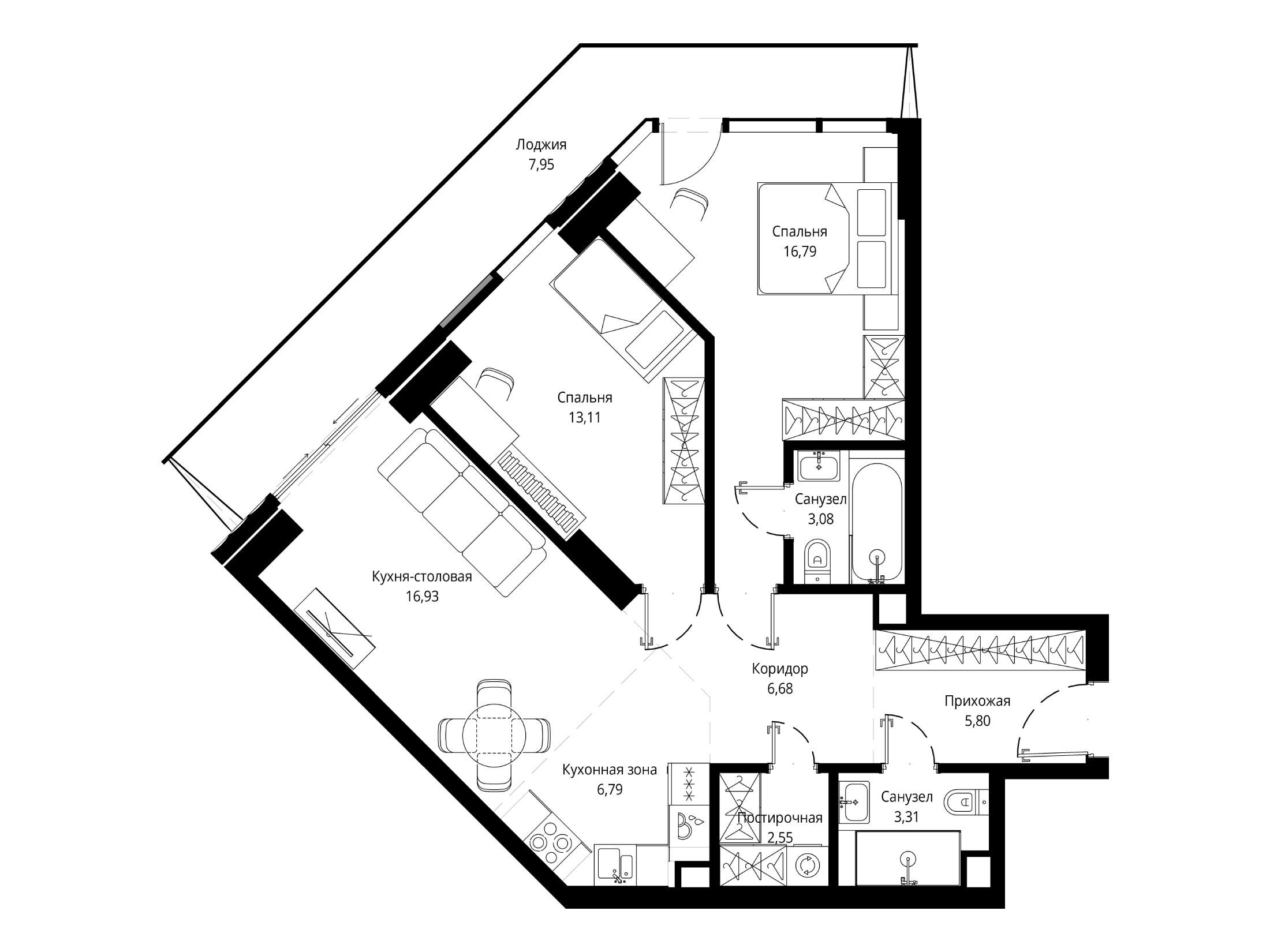 Планировка: 2-комн. квартира 82.29 м² в новостройке Джойс