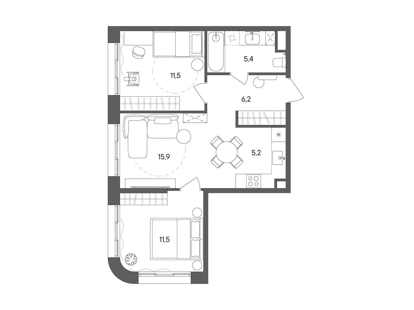 Планировка: 2-комн. квартира 55.70 м² в новостройке Стоун Сокольники