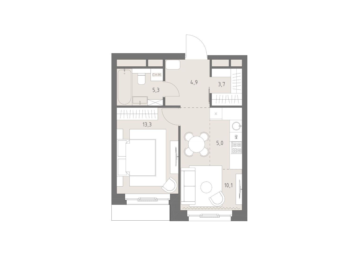 Планировка: 2-комн. квартира 42.30 м² в новостройке Родина Парк