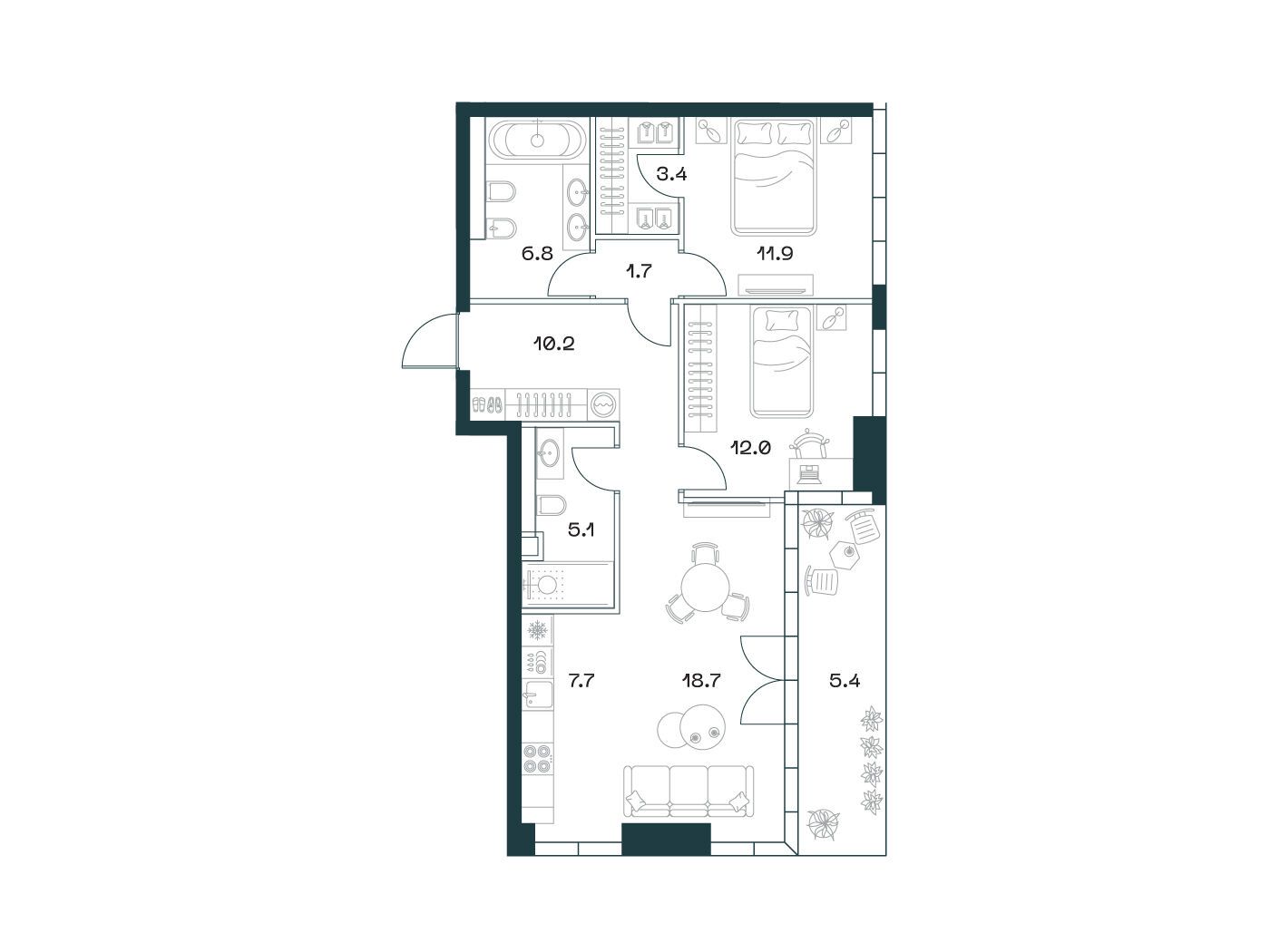 Планировка: 3-комн. квартира 82.60 м² в новостройке Шифт
