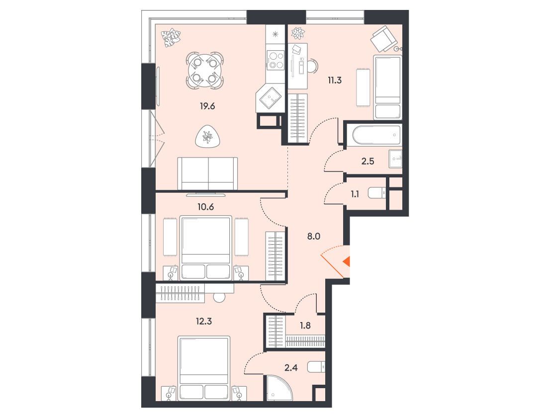 Планировка: 3-комн. квартира 69.60 м² в новостройке Баланс
