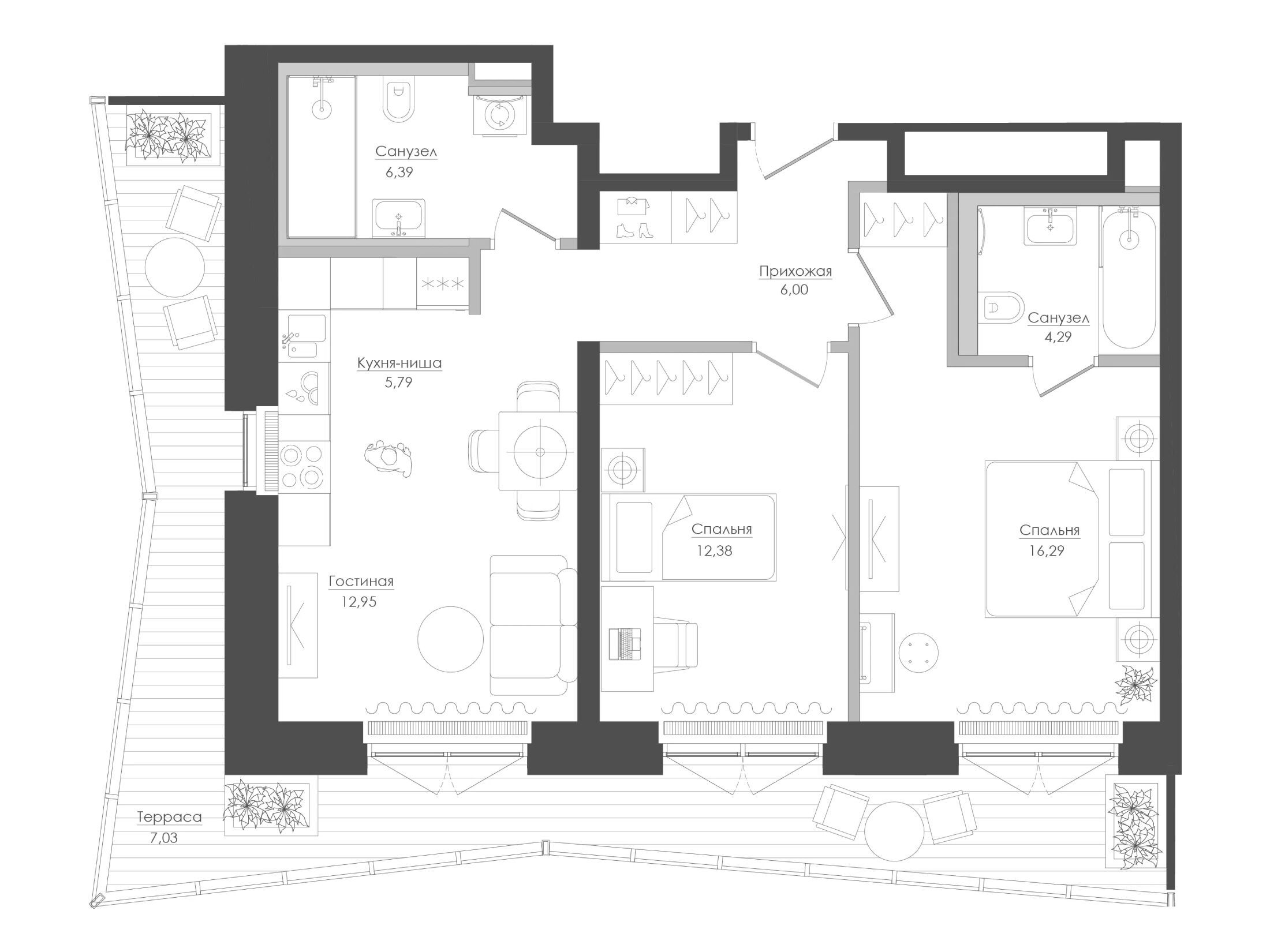 Планировка: 2-комн. квартира 72.64 м² в новостройке Селигер Сити