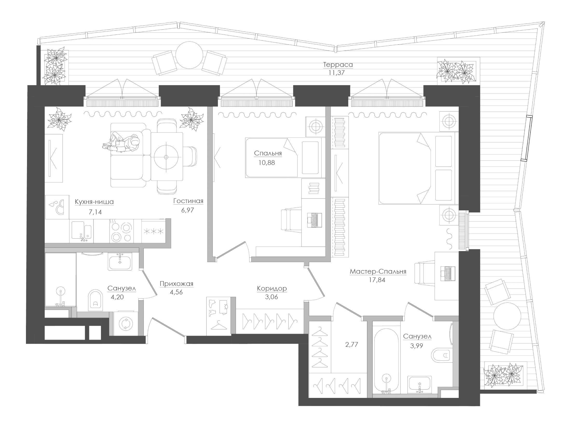 Планировка: 2-комн. квартира 75.76 м² в новостройке Селигер Сити