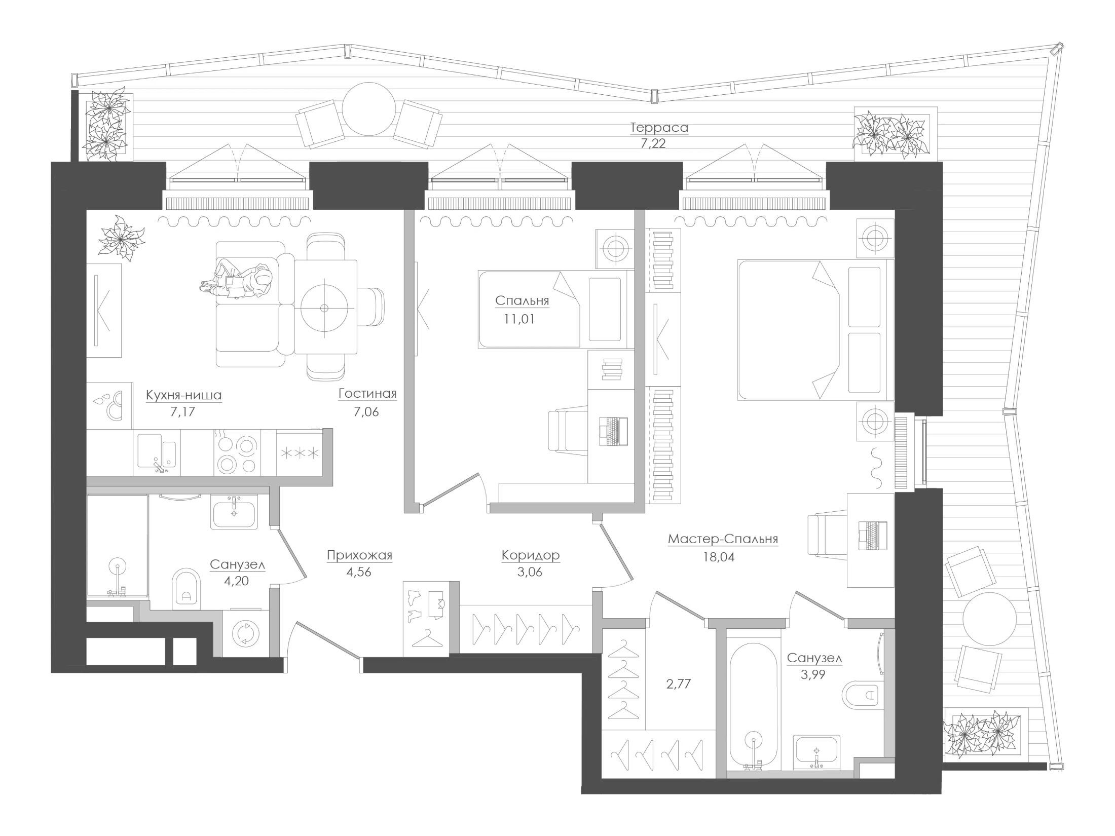 Планировка: 2-комн. квартира 70.83 м² в новостройке Селигер Сити