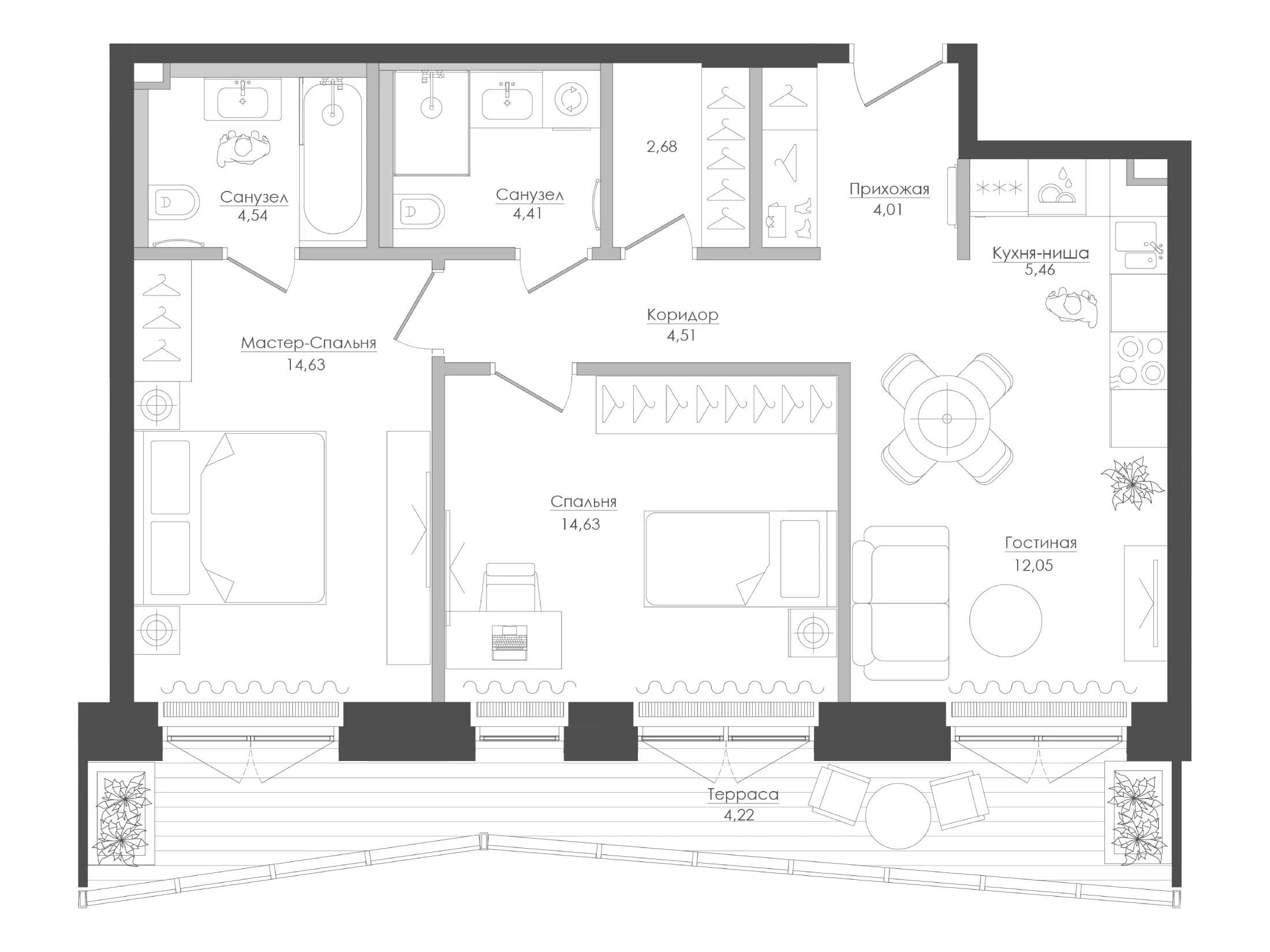 Планировка: 2-комн. квартира 72.80 м² в новостройке Селигер Сити