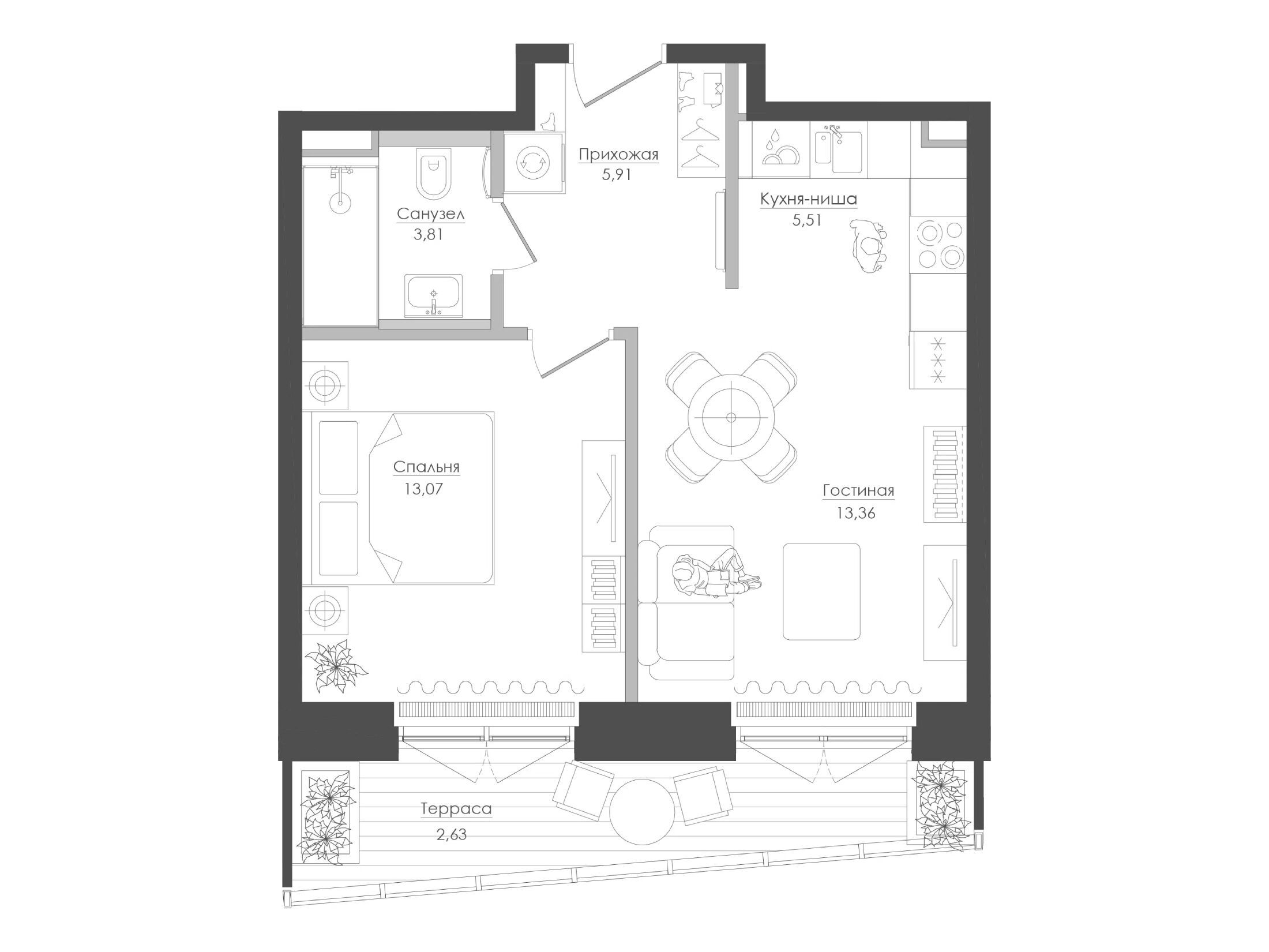 Планировка: 1-комн. квартира 45.25 м² в новостройке Селигер Сити