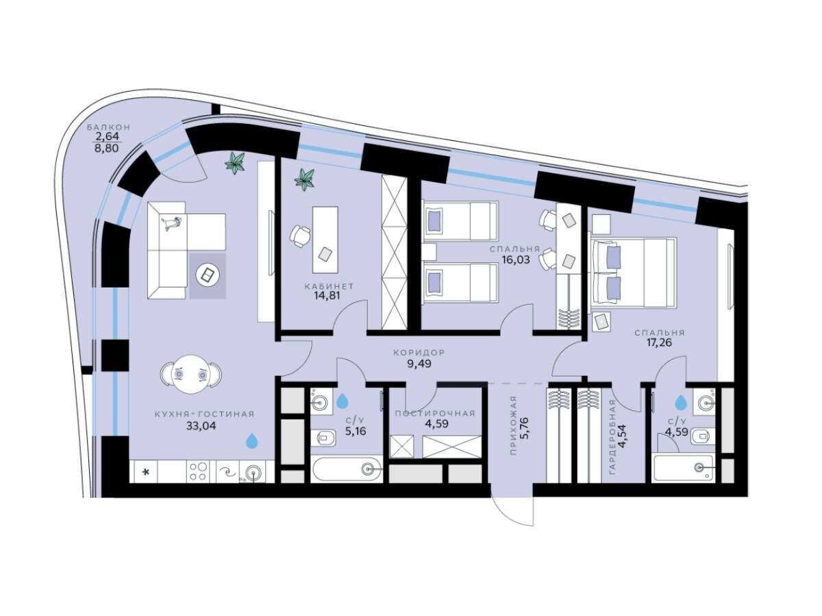 Планировка: 3-комн. квартира 117.91 м² в новостройке СберСити