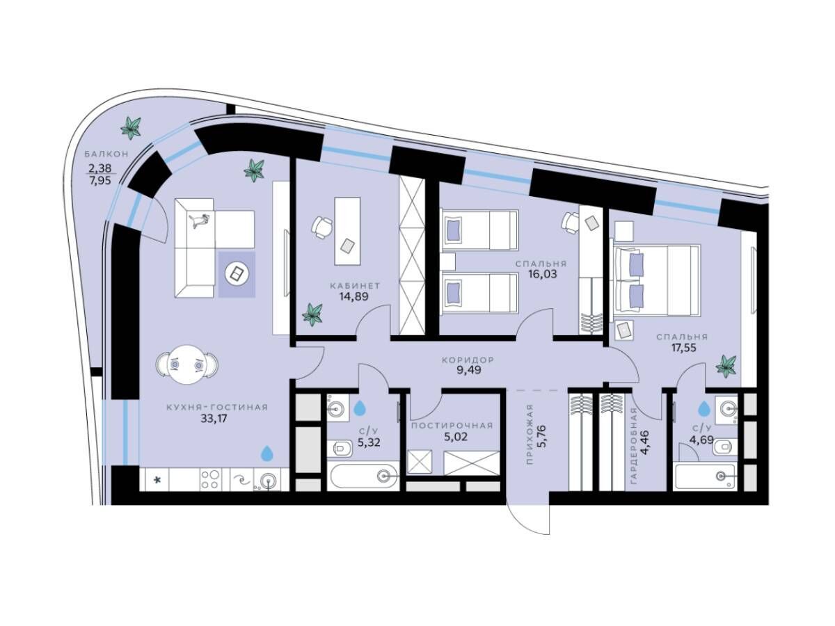 Планировка: 3-комн. квартира 118.76 м² в новостройке СберСити