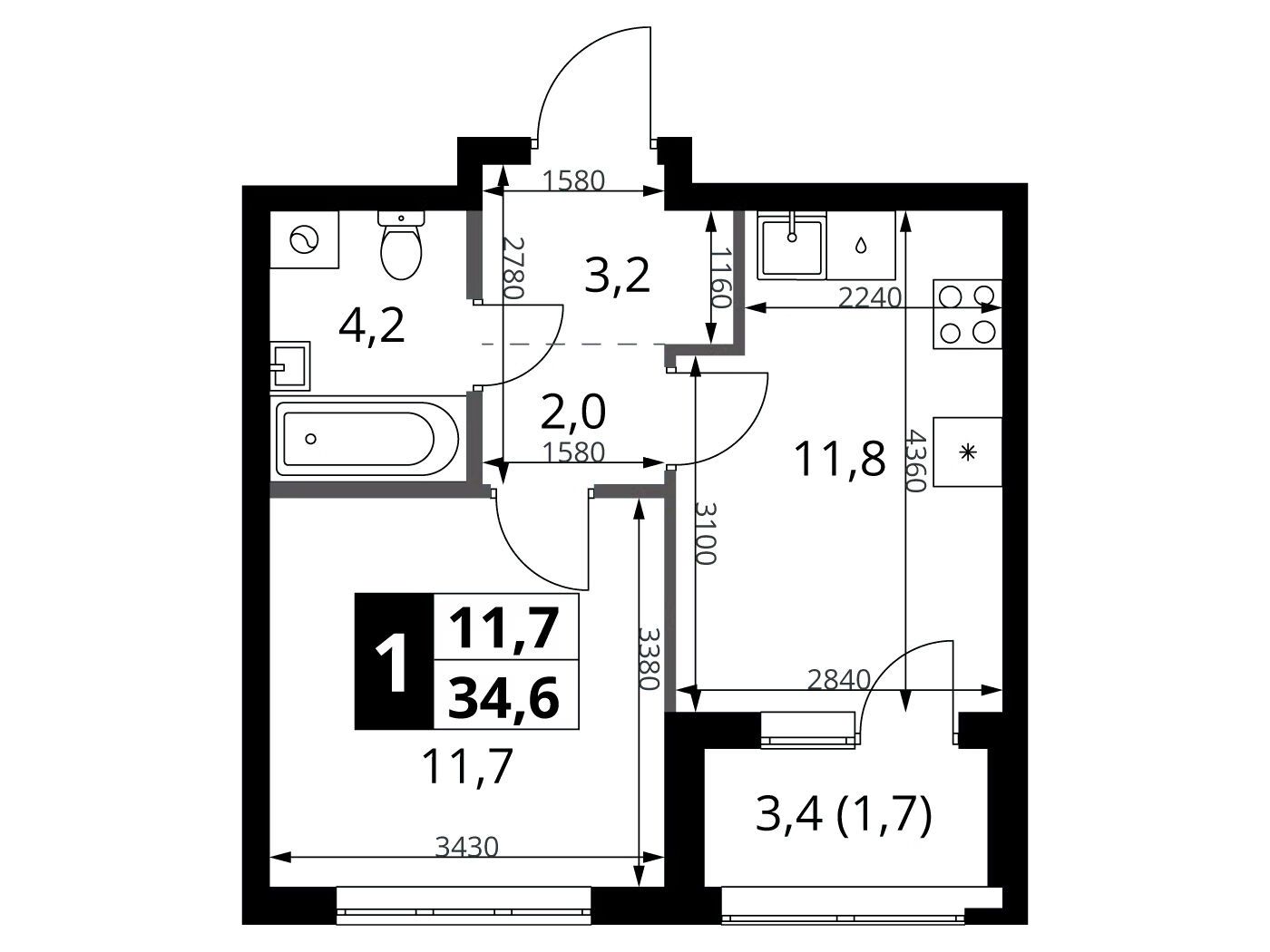 Планировка: 1-комн. квартира 34.60 м² в новостройке ЖК 1-й Ясеневский (Первый Ясеневский)
