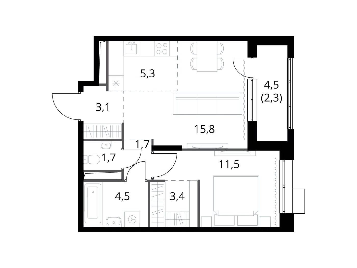 Планировка: 2-комн. квартира 49.30 м² в новостройке ЖК 1-й Саларьевский (Первый Саларьевский)