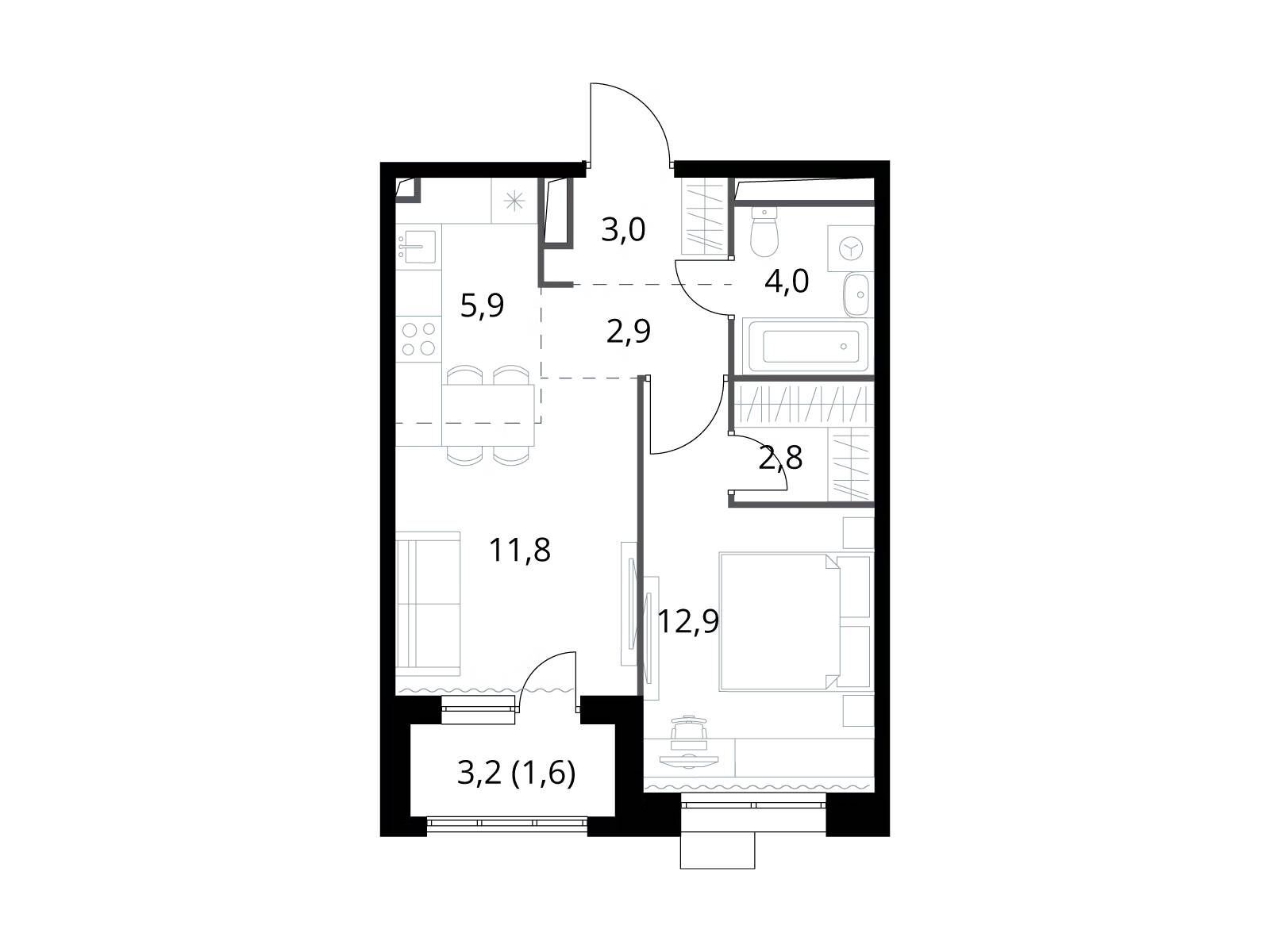 Планировка: 2-комн. квартира 44.90 м² в новостройке ЖК 1-й Саларьевский (Первый Саларьевский)